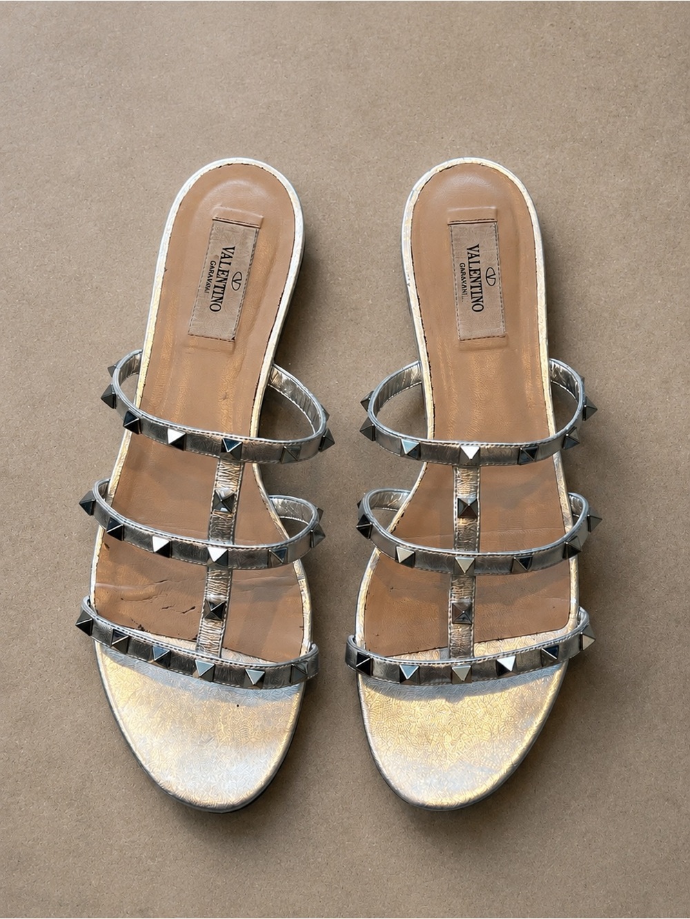 Valentino Metallic Silver Pyramid-Stud Slide Sandals